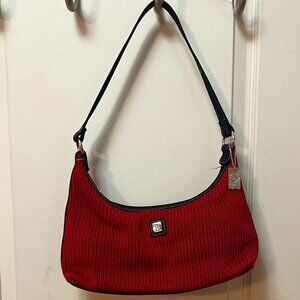 Lina crochet/knit sachel bag with Vinyl strap and bottom.  Red/Black